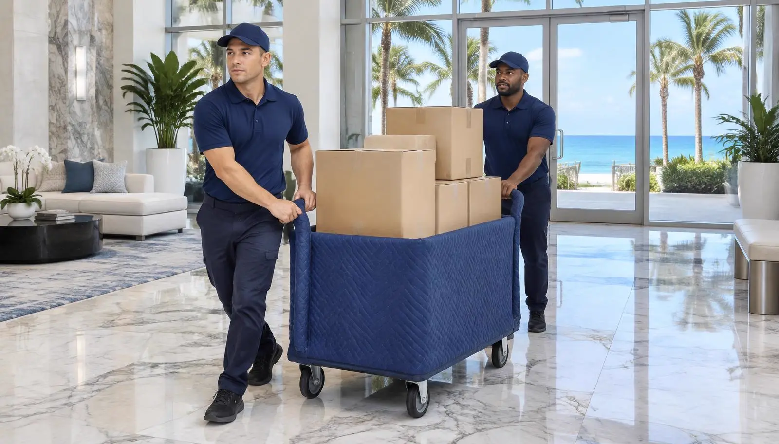 Movers wheeling a padded cart through a Florida condo lobby